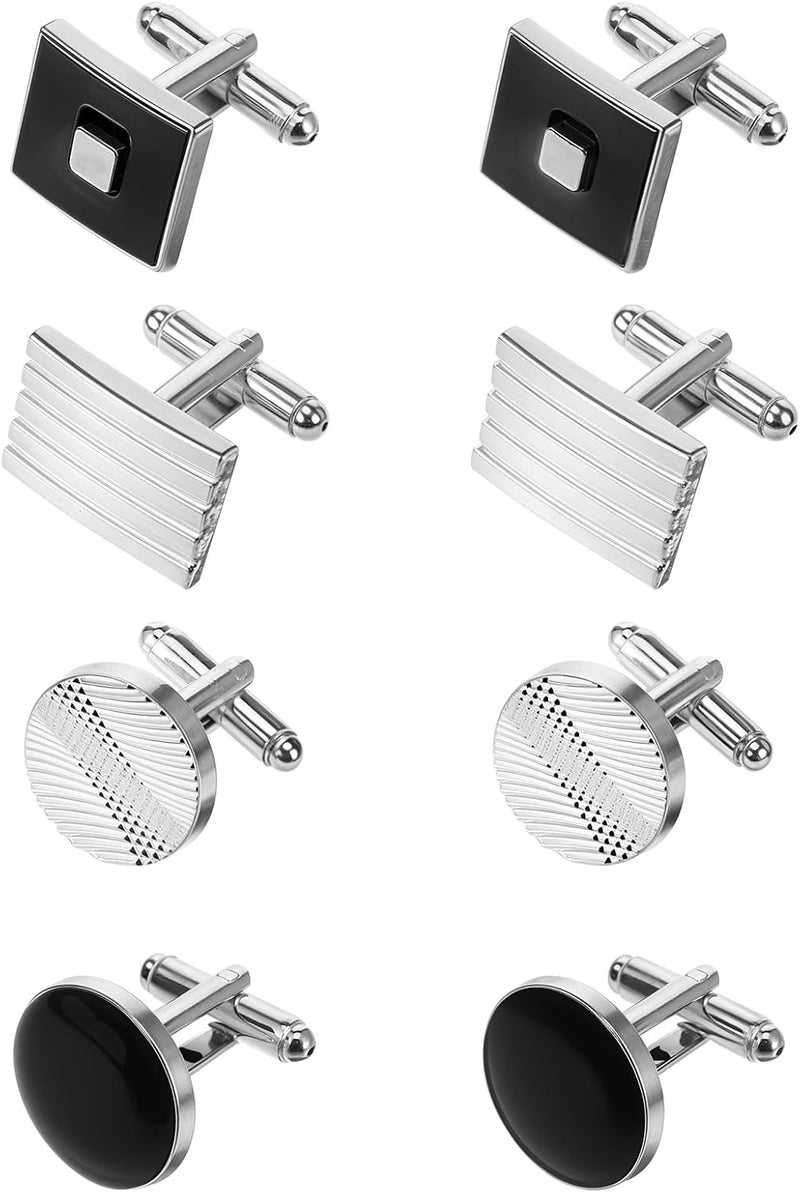 COMNICO 4 Pairs Cufflinks for Men Classic Tone Cuff Links Fashion Men Cufflinks Gold/Sliver Striped Disc Square Rectangle Cuff Links for Business Wedding Party Gift Box - Image 1